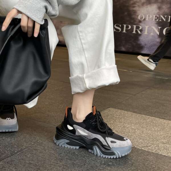 Thin Thick-Soled Spring Shoes New Middle-Heeled Cow Leather Stitching Net Red Sports Casual Shoes - Image 7
