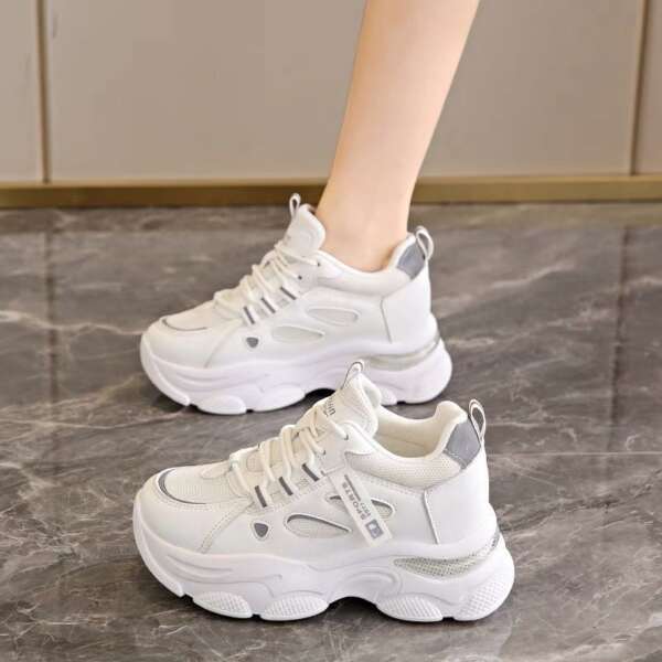 Real leather raised dad shoes new thick soled air cushion shock-absorbing sports shoes casual women's shoes - Image 3