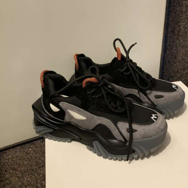 Thin Thick-Soled Spring Shoes New Middle-Heeled Cow Leather Stitching Net Red Sports Casual Shoes