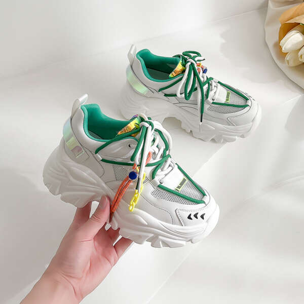 Thick-Soled Shoes Women's Summer Leather Ins Trend Sports Casual Shoes Color Matching Inner Heightening Mesh Shoes - Image 4