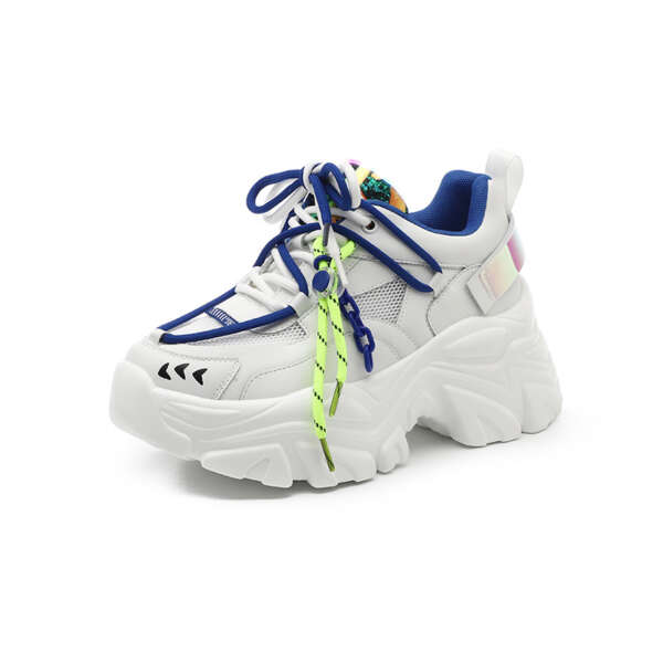 Thick-Soled Shoes Women's Summer Leather Ins Trend Sports Casual Shoes Color Matching Inner Heightening Mesh Shoes - Image 3