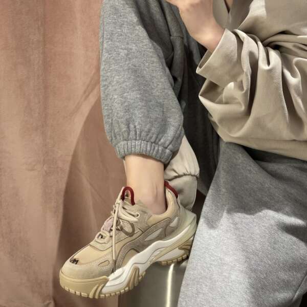Thin Thick-Soled Spring Shoes New Middle-Heeled Cow Leather Stitching Net Red Sports Casual Shoes - Image 4