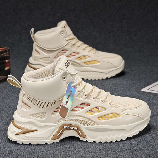 Autumn men's new breathable high top shoes, men's trendy and versatile thick soled mesh sports shoes, casual dad shoes for men - Image 4