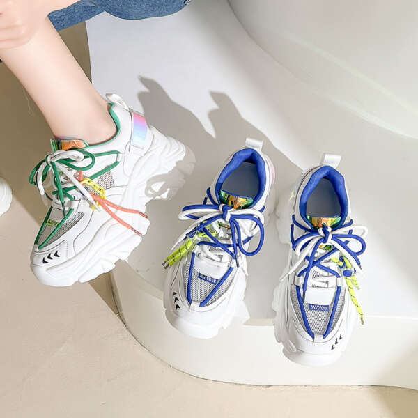 Thick-Soled Shoes Women's Summer Leather Ins Trend Sports Casual Shoes Color Matching Inner Heightening Mesh Shoes