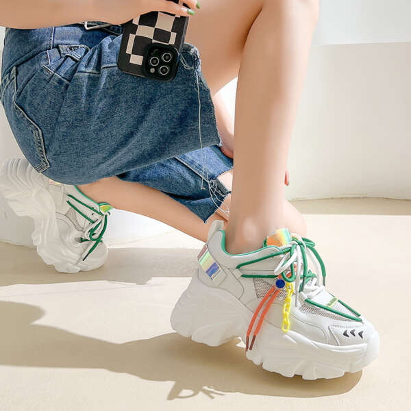 Thick-Soled Shoes Women's Summer Leather Ins Trend Sports Casual Shoes Color Matching Inner Heightening Mesh Shoes - Image 2